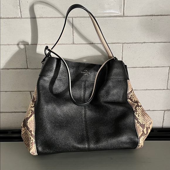 Coach Handbags - Coach Black Pebbled Leather Shoulder Bag with Snake-Print Sides